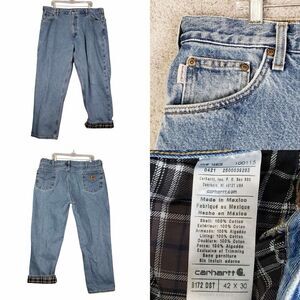 Carhartt Jeans Men’s Size 42x30 Blue Light Wash Straight Leg Denim Flannel Lined